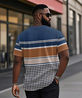 Men's Plus Size Casual Daily Blue Colorblock Houndstooth Print Henry Collar Button Short Sleeve T-Shirt
